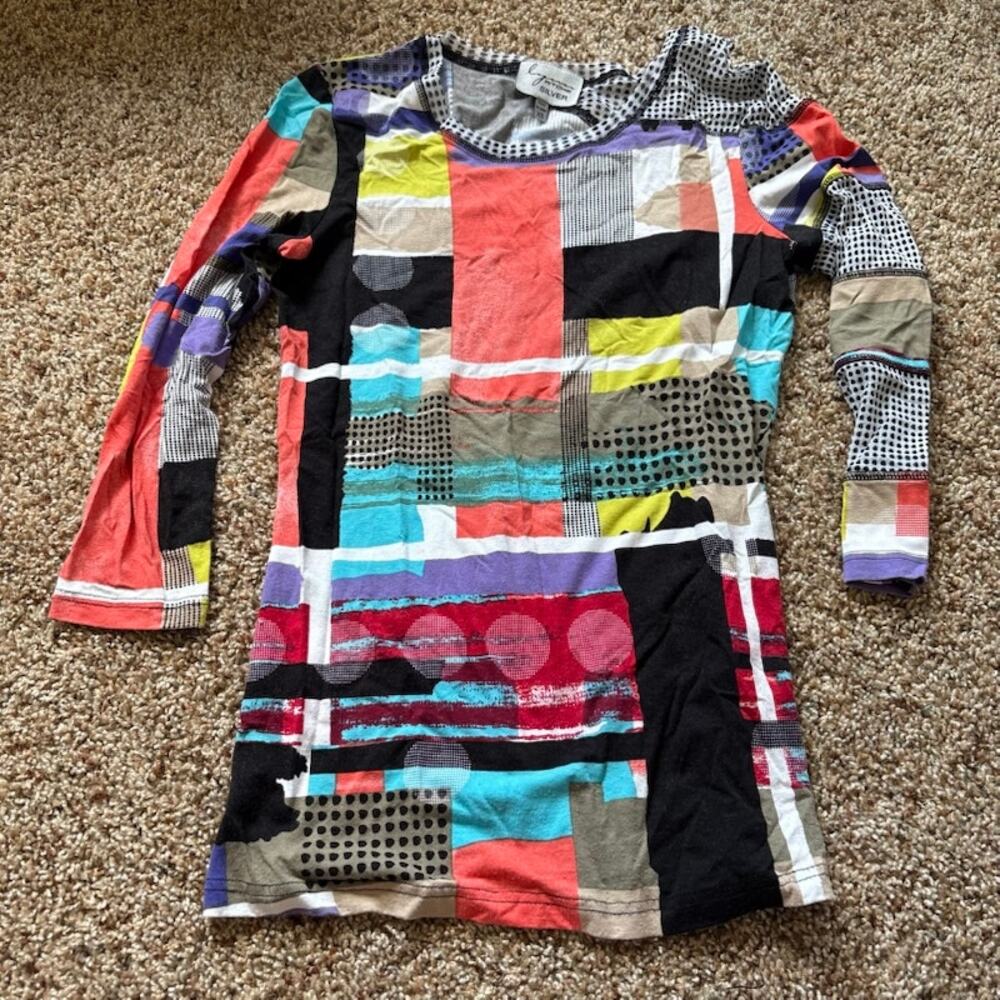 Lynn Ritchie Silver Long Sleeve Rayon Tunic Top Abstract Art Geometric Print XS